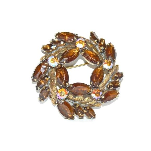 Vintage Brown Navette and Round Aurora Borealis Rhinestone Brooch - Picture 2 of 4